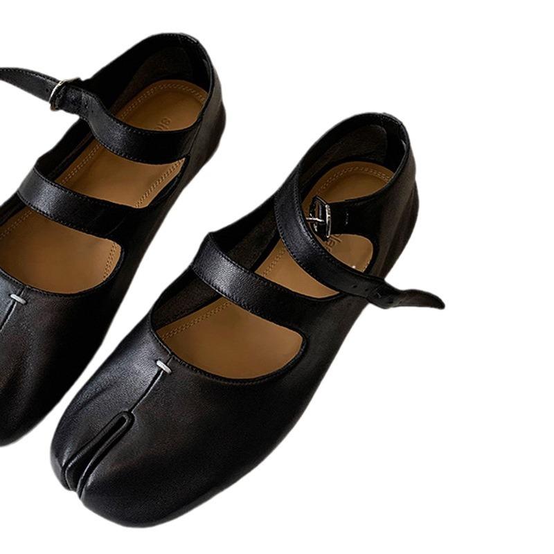 Cowhide Version~ Grape Mother Flat-bottomed Pig's Trotters Split-toed Shoes Leather Buckle Belt Mary Jane Shoes Niche Design Sense Single Shoes Women