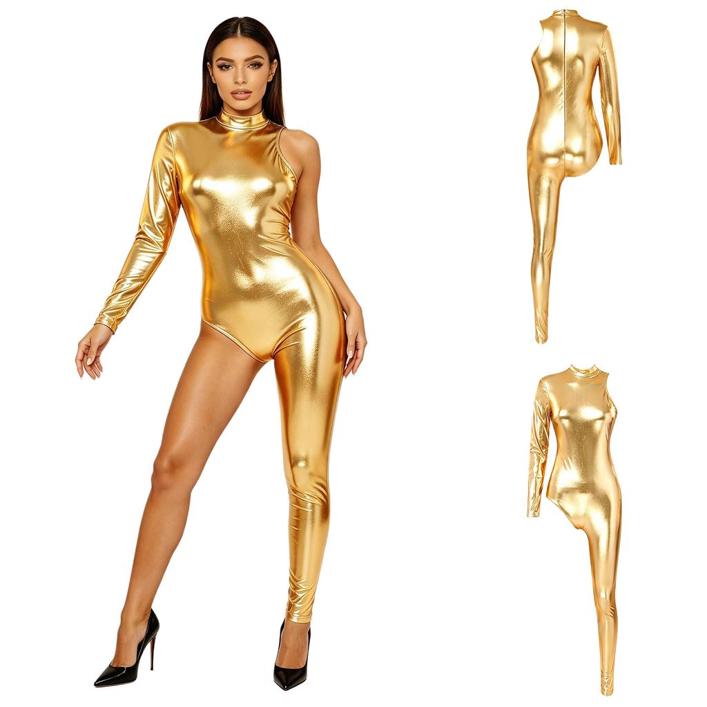 Single Long Sleeve Asymmetrical Bodysuit with Back Invisible Zipper Metallic Shiny Finish for Women Club Carnival Rave Party