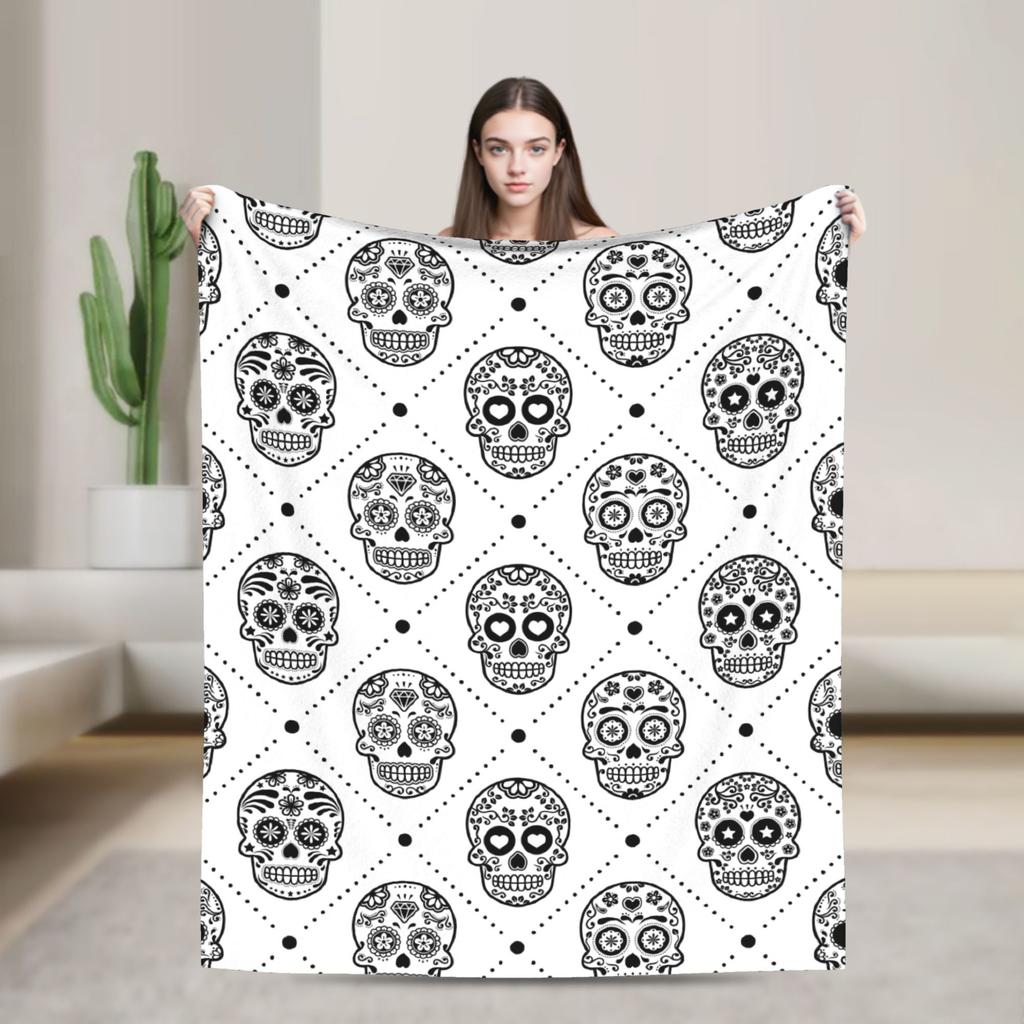Sugar Skull Rose Halloween Knitted Blanket Flannel Gothic Day of the Dead Warm Throw Blankets for Bed Bedspread
