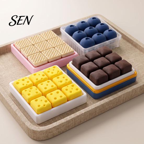PLA 3D Printed Pendants 9-Square Fidget Clicker Toy, Simulation Fruit Cookie Pressing Portable Desk Fidgets Keychain, Click Stress Relief Desktop