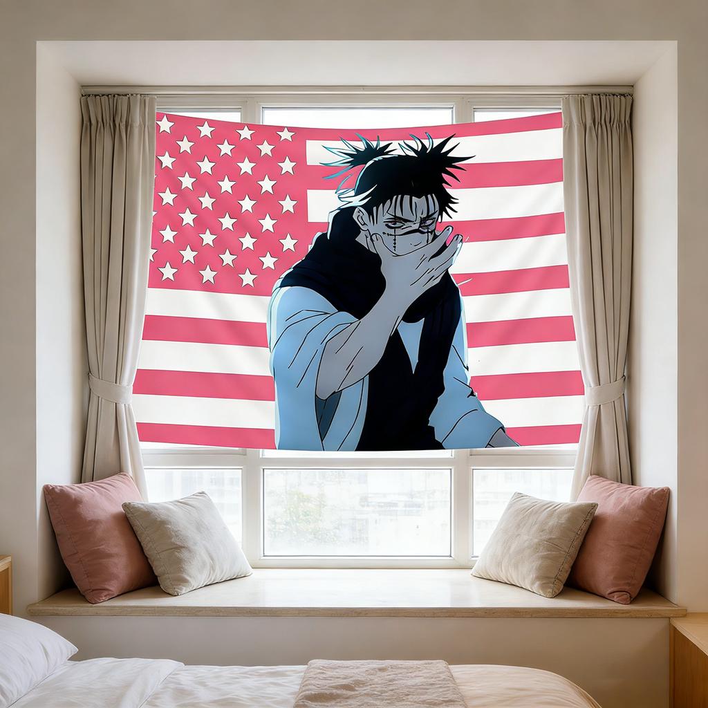 Jujutsu Kaisen Choso Tapestry Anime Wall Hanging with Pink US Flag Background Bedroom Decor Manga Fan Collectible Flat Printed