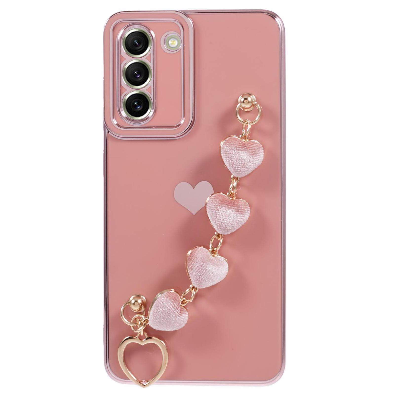 

For Samsung Galaxy S21+ 5G Case Anti-Drop Soft TPU Phone Cover with Heart Chain Strap Pink