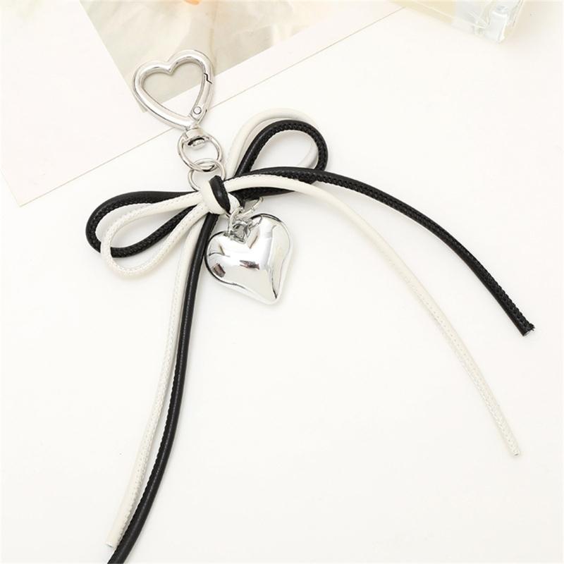 Korean PU Leather Bows Keychain Multi Function Bag Charm Accessory Phone Ornament Heart Pendant for Women