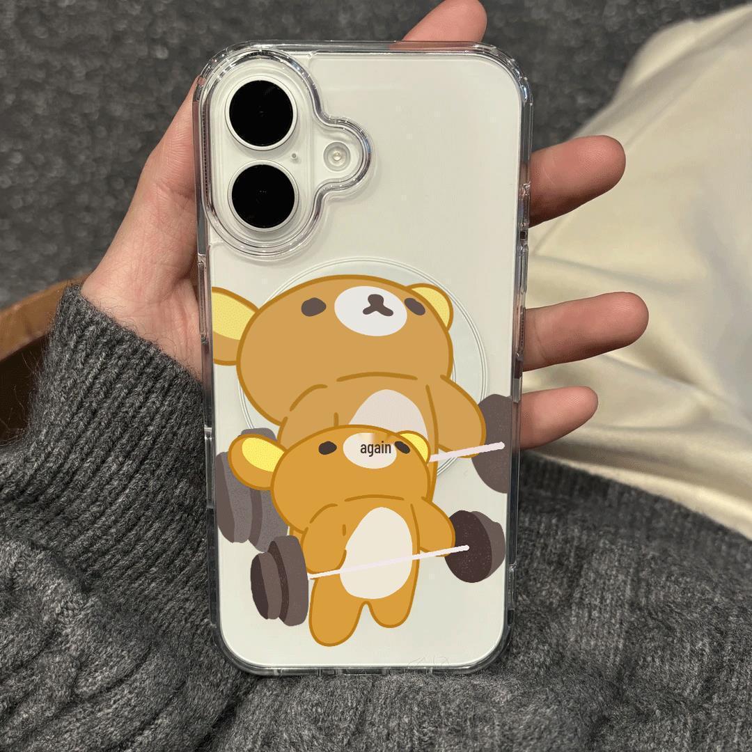 

Rilakkuma Weightlifting Magnetic Transparent Phone Case for Apple 15 Pro Max/16 Pro/17/16/11 with AI Button Compatibility. iPhone 16 Pro Max