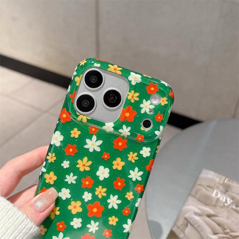 Green Floral Glitter Phone Case For iPhone 17 16 15 14 Pro Max Spring Garden Aesthetic Cute Flower Protective Cover