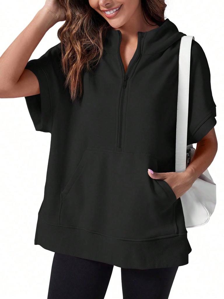 Women's Oversized Half Zip Hoodie Short Sleeve Pullover Sweatshirt Top with Pockets