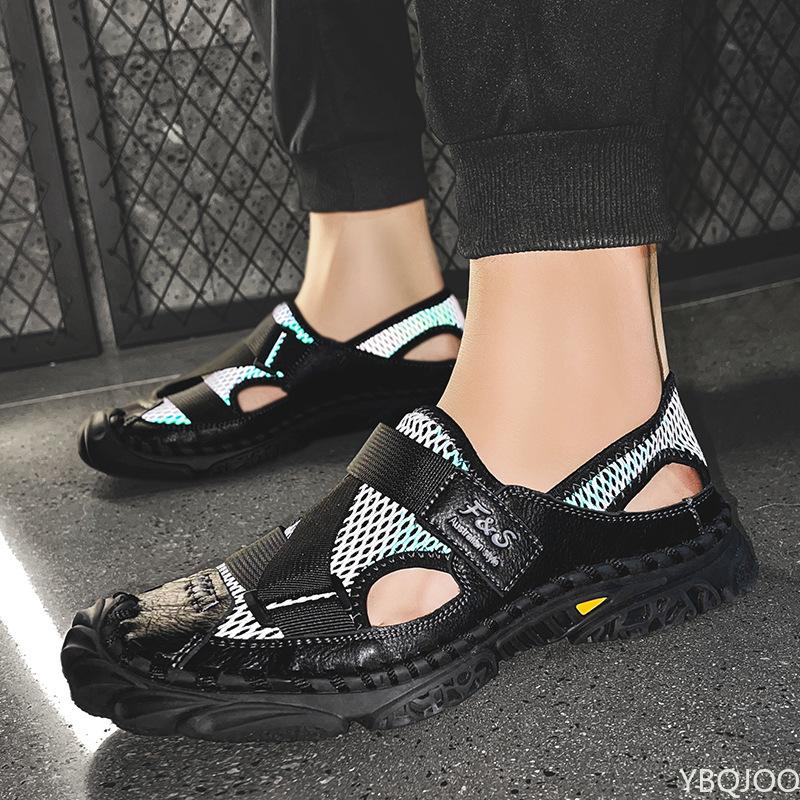 Sandals For Men Casual Summer Mesh Handmade Slip on Outdoor Leather Male Shoes Luxury Design Closed Toe Hiking Slippers