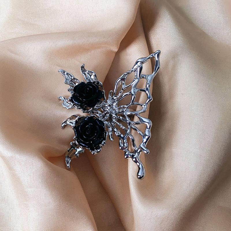 Vintage Punk Metal Black Rose Liquid Butterfly Opening Ring For Women Exaggerated Adjustable Animal Ring Aesthetic Jewelry Gift
