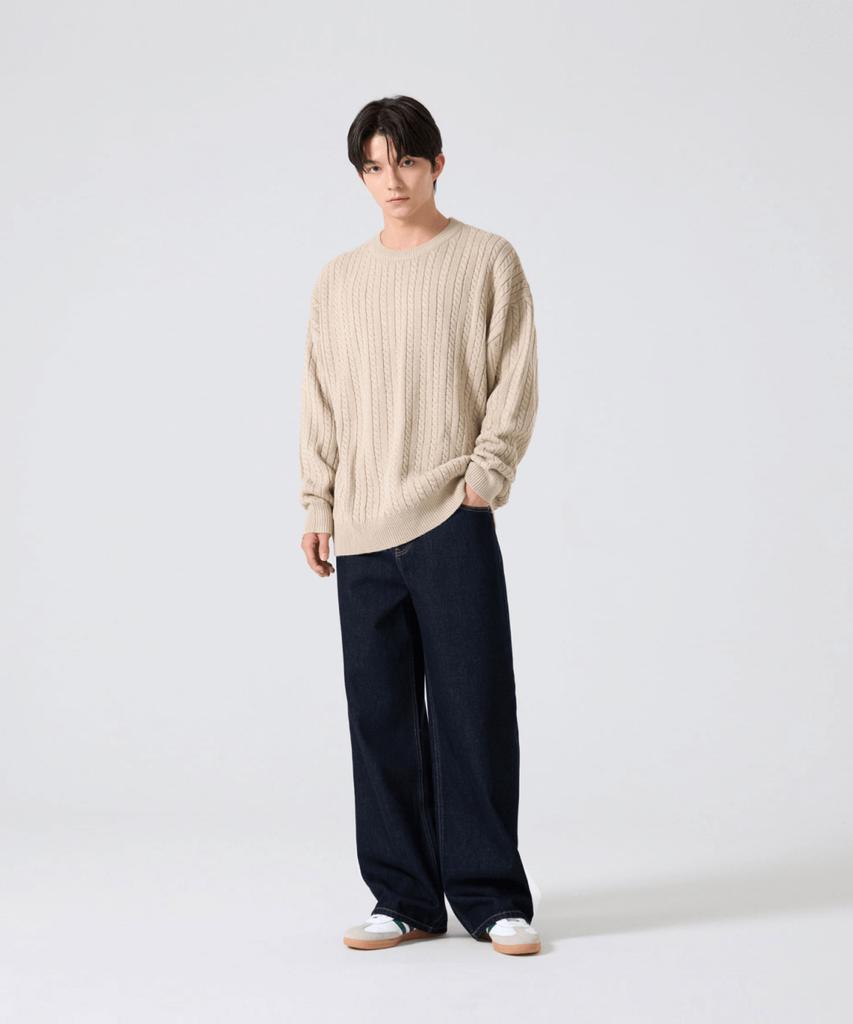 AGOD Crew Neck Oversized Cable Sweater Knit [Beige]