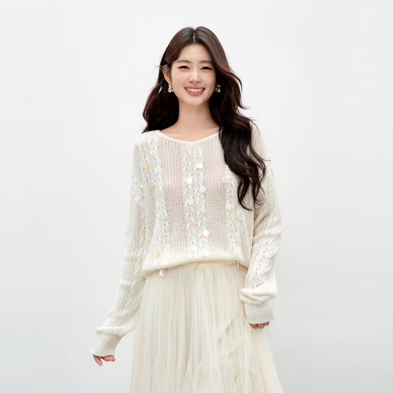 Qiushui Yiren Elegant Jacquard V-Neck Knit Sweater L
