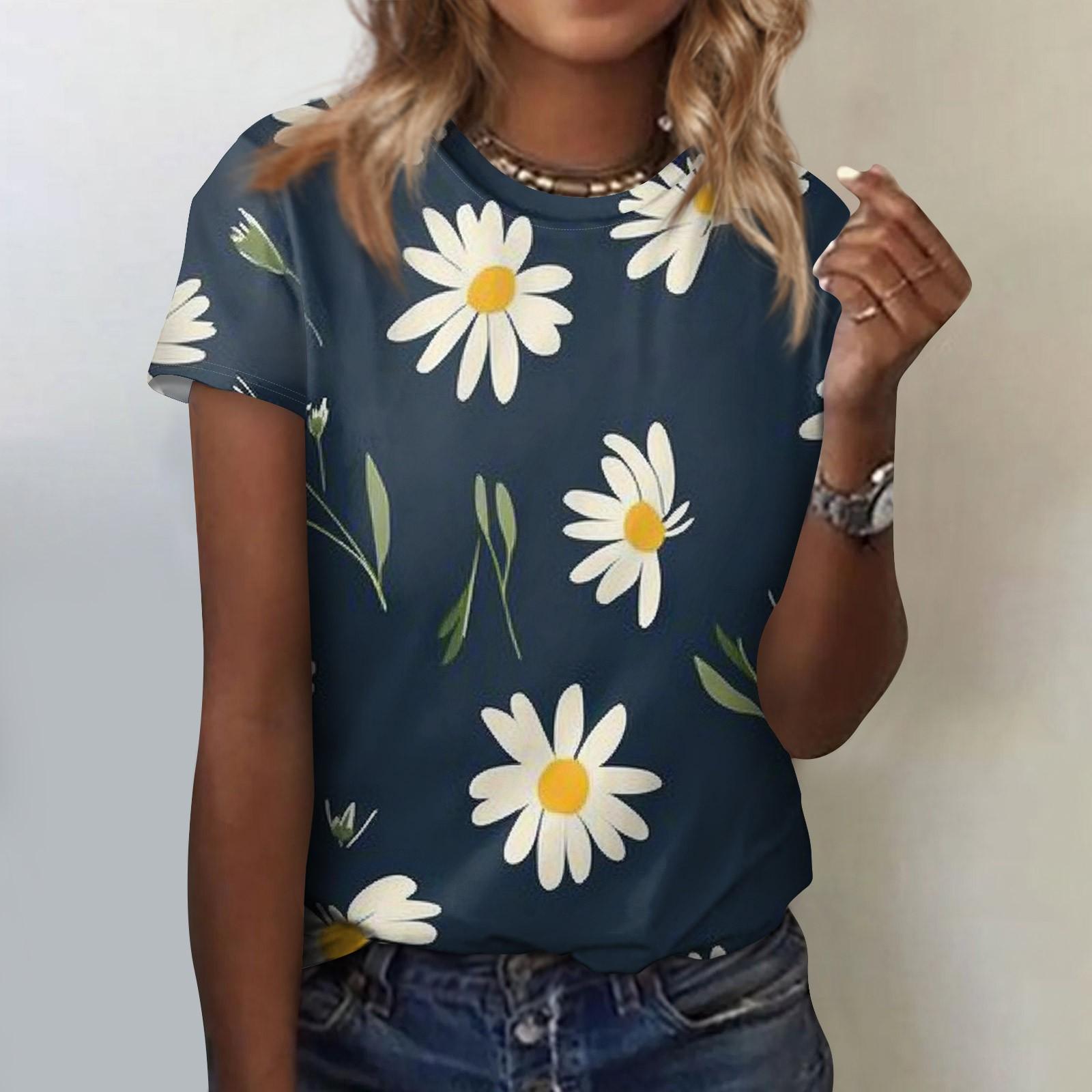 

Жіноча модна повсякденна блузка з круглим вирізом і короткими рукавами з квітковим принтом XXXL Темно-синій