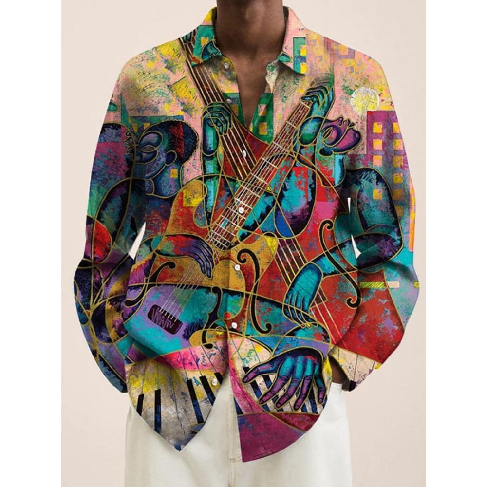 2024 New Men's 3D Art Painting Fashion Print Single Breasted Long Sleeve Shirt Casual Shirt Men's Loose Lapel Long Sleeve