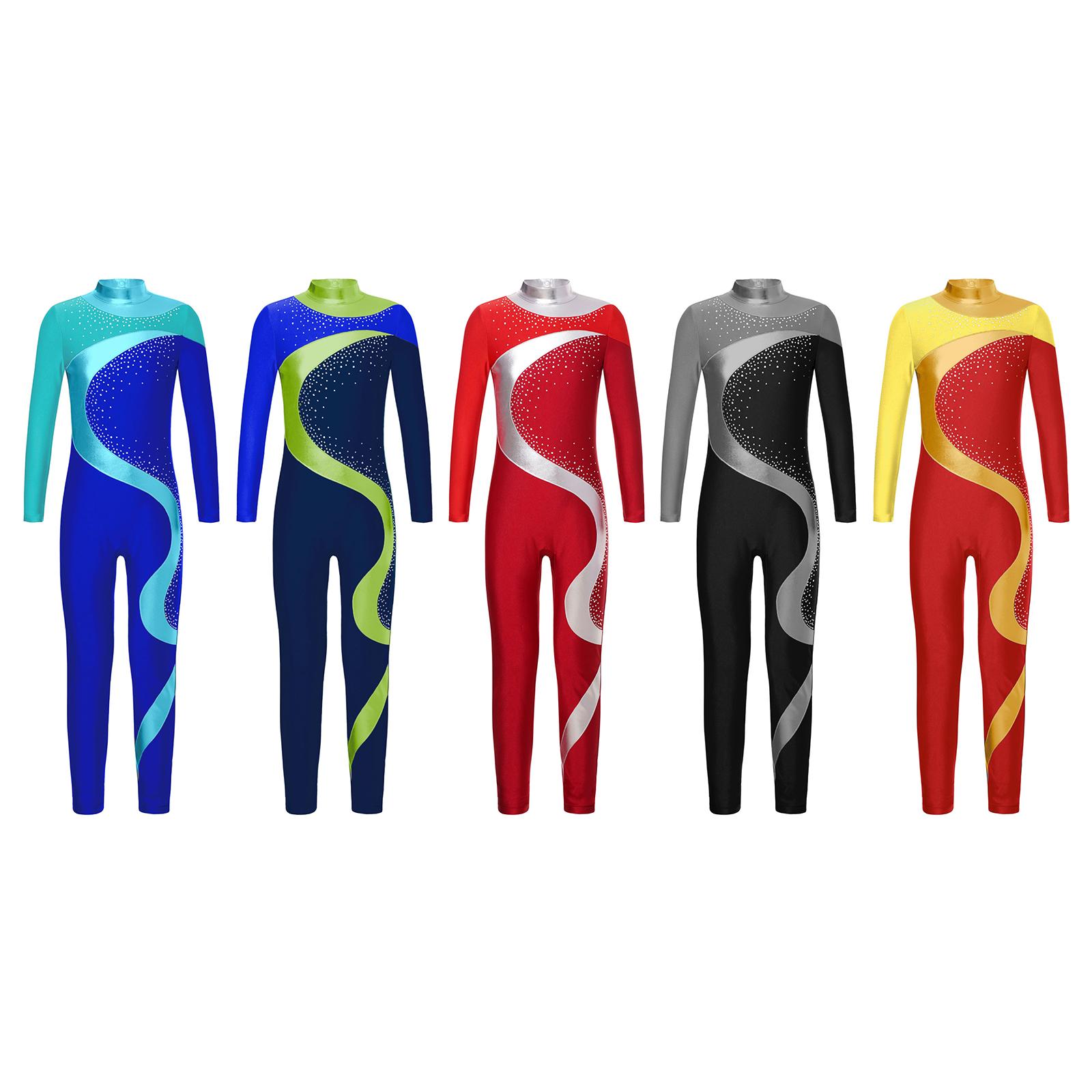 RUNQHUI Kunstschaatsen Gymnastiek Jumpsuit Kinderen Meisjes Lange Mouw Metallic Contrasterende Kleur Leotard Bodysuit Ballet Danskostuum 5-6 Years rood