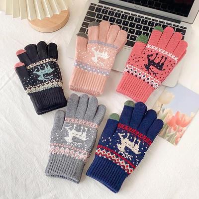 Women's Winter Warm Touchscreen Gloves - Thick Velvet Knit with Cute Elk Pattern for Outdoor Cycling