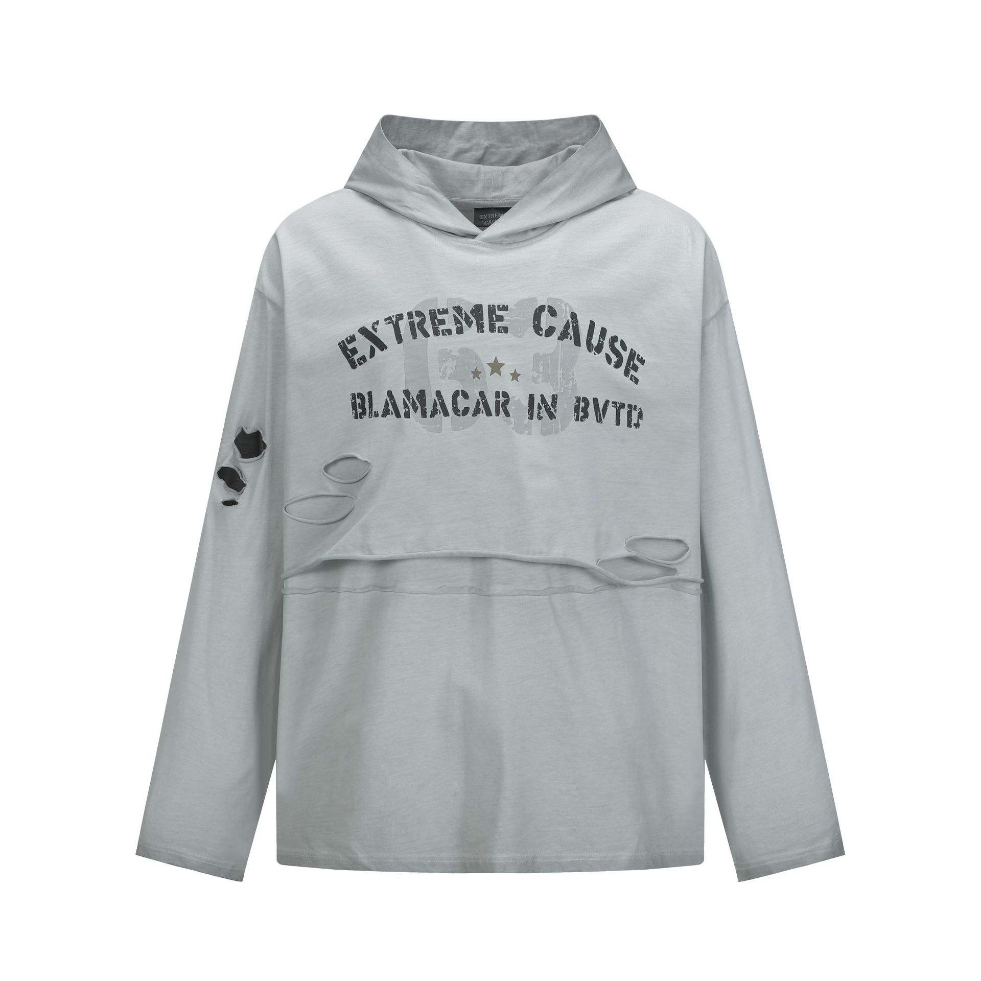 Men s Autumn Wasteland Wind Damage Washed Batik Hooded Sweater Personalized American Street Hoodie S серый