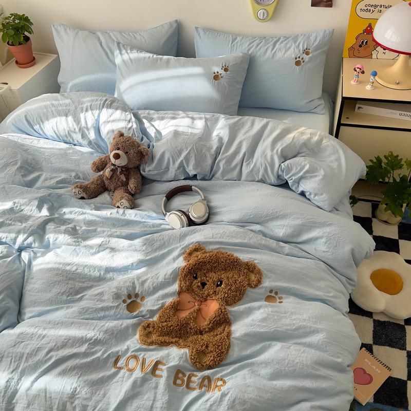Cartoon Soft Cotton Washable Single Bed 3-Piece Set: Fitted Sheet, Flat Sheet, Skin-Friendly