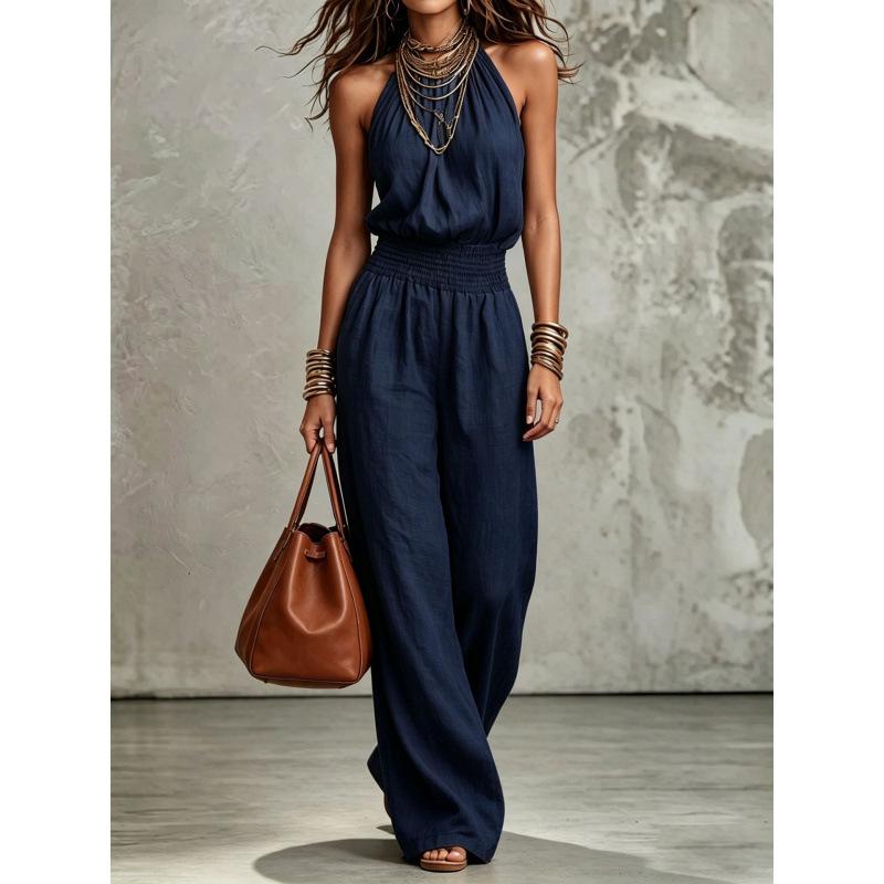 European and American cross-border foreign trade women's clothing 2026 summer sexy sleeveless backless waist strap neck wide leg jumpsuit women