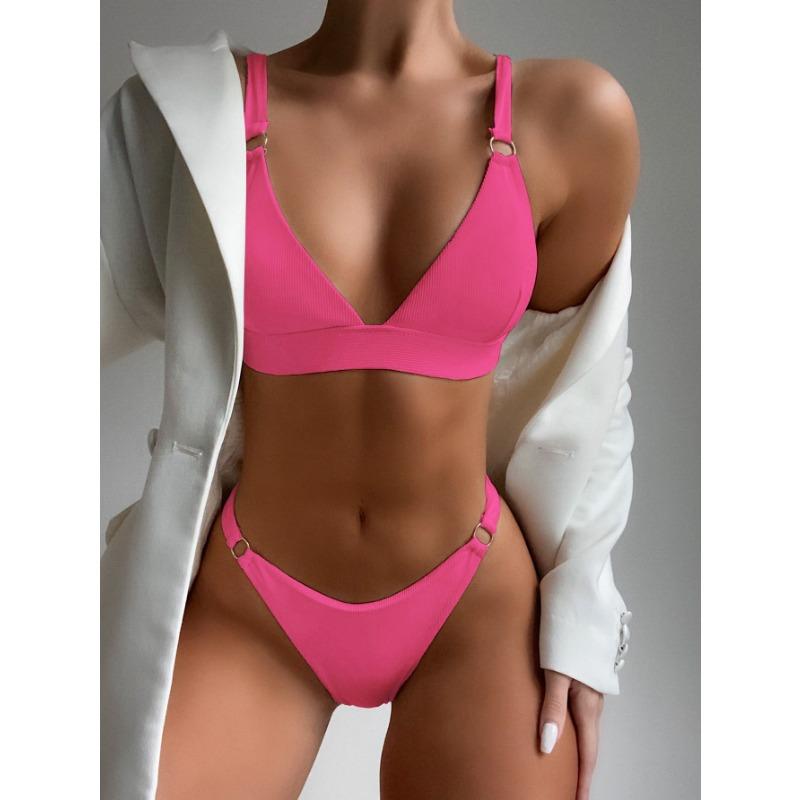 Bikini a due pezzi a costine verde lime da donna - Costume da bagno a triangolo con anello a O