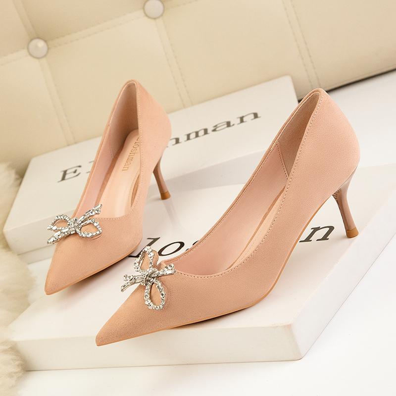 Fashion Black Suede Cloth High Heels Shoes Woman Basic Pumps 2025 Bowknot Crystal Diamond Buckle Fashion Party Sexy Women Shoes Pumps