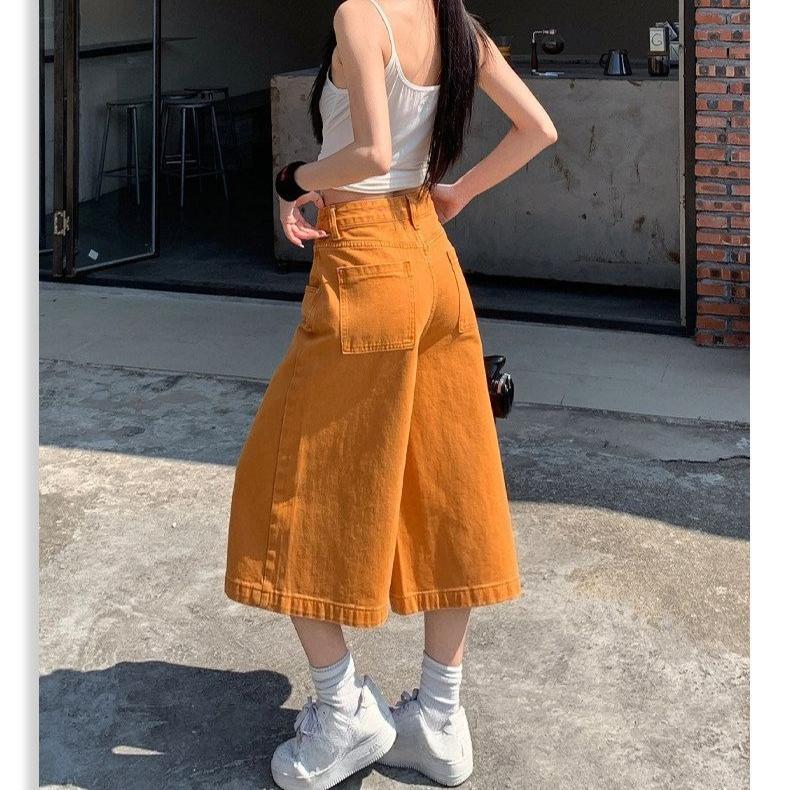 Summer Orange Wide Leg Pants Women High Waist Loose Fit Casual Cropped Jeans