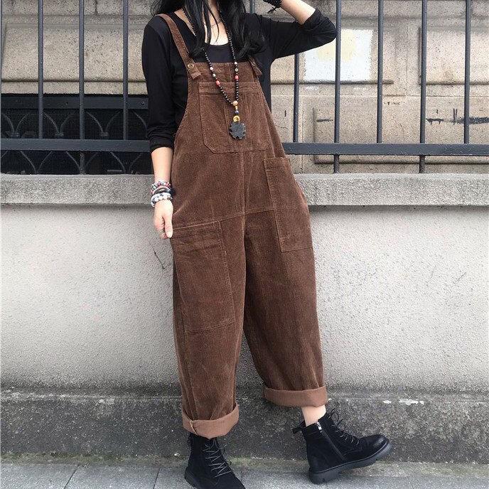 Autumn Rompers Solid Wide Leg Playsuits Women Casual Straps Suspender Overalls Vintage Corduroy Jumpsuits