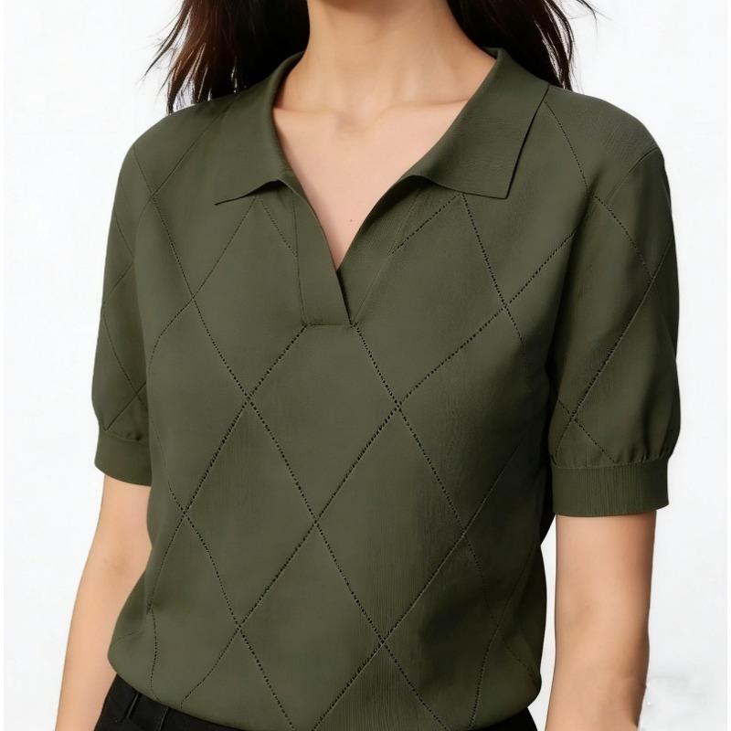 Women Summer Thin Knit Polo Collar Short Sleeve Slim Commute Top