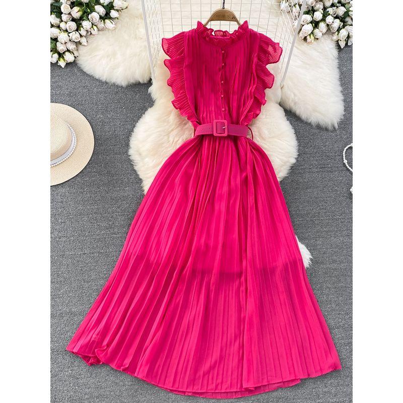Fancy Light Luxury Temperament Flying Sleeves round Neck Waist Trimming Slim Looking A- line Pleated Dress Elegance Swing Long Dress
