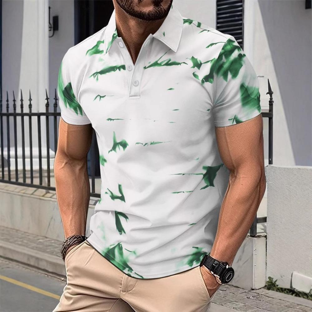 Men's Summer Trendy New Digital Printed Color Blocked Collar Casual Outdoor Short Sleeved Polo Shirt