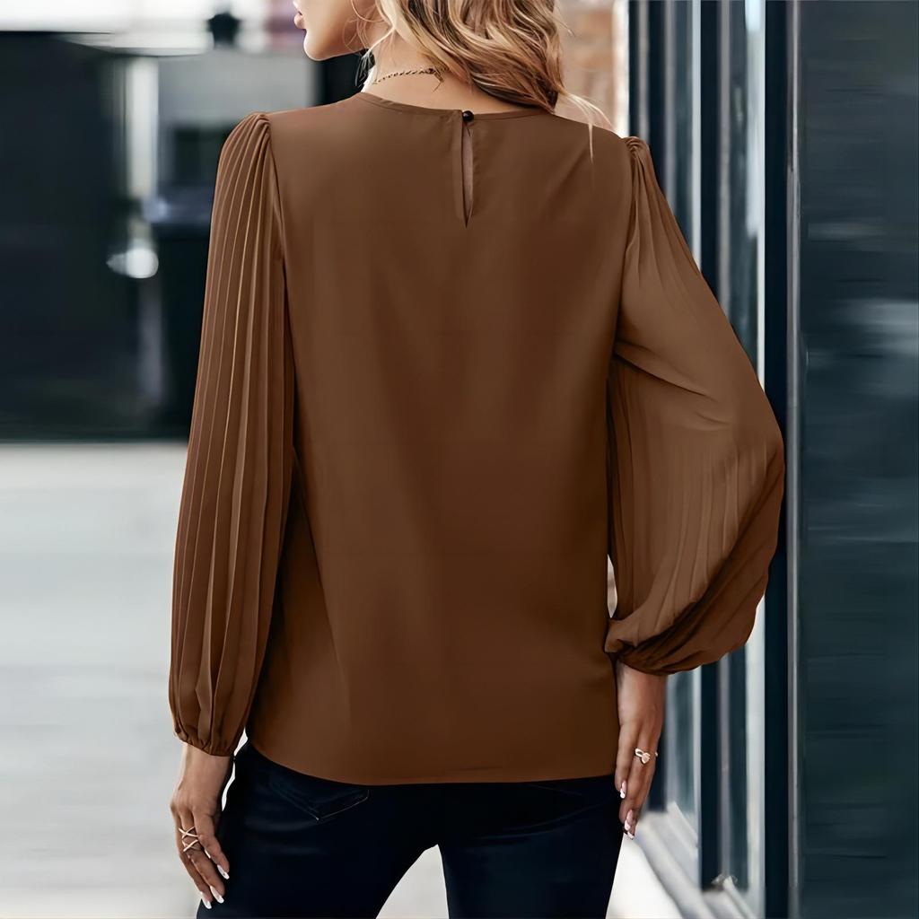 2024 Spring & Autumn Women's Retro Pleated Long-Sleeve Round Neck Shirt - Casual Solid Color Top