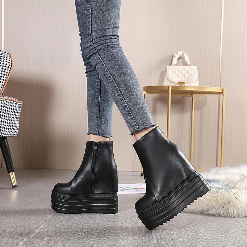 Fashion 14CM Fashion Wedges Ankle Boots Women's Round Toe Wedged Heels Shoes Platform Boots Women  Autumn High Heels Booties Hot Sale