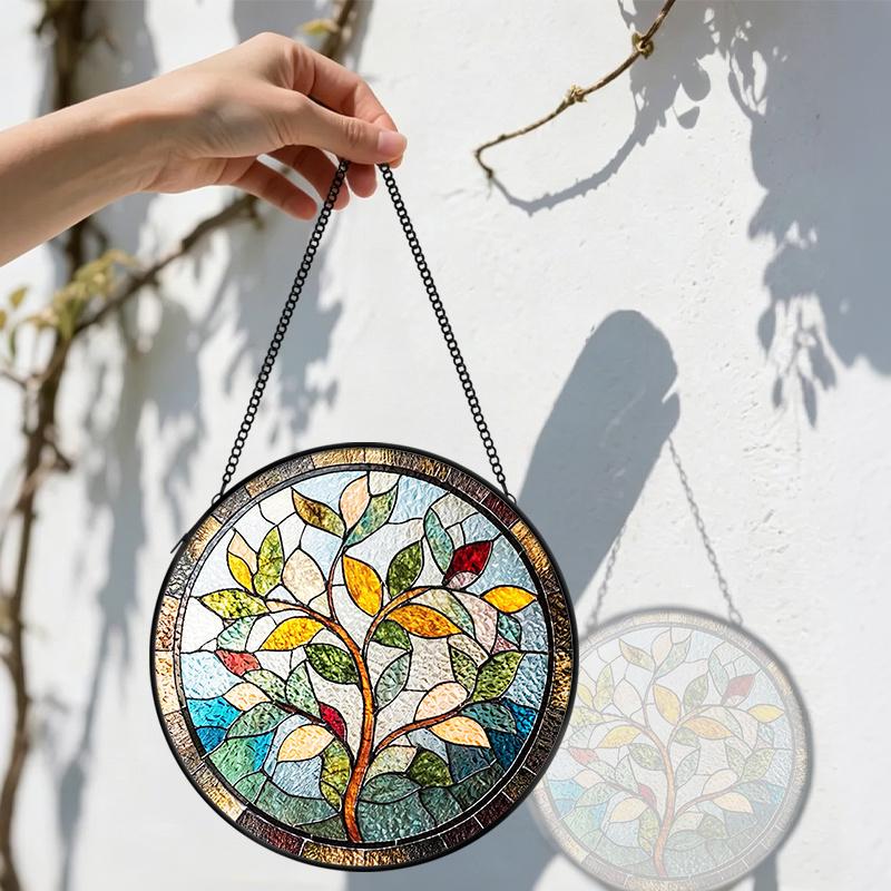 2D Flat Stained Glass Nature Branches and Leaves Window Decoration, 6.3/7.87inches Colored Glass Plate with Chain, Charming Spring Summer Sun Catcher