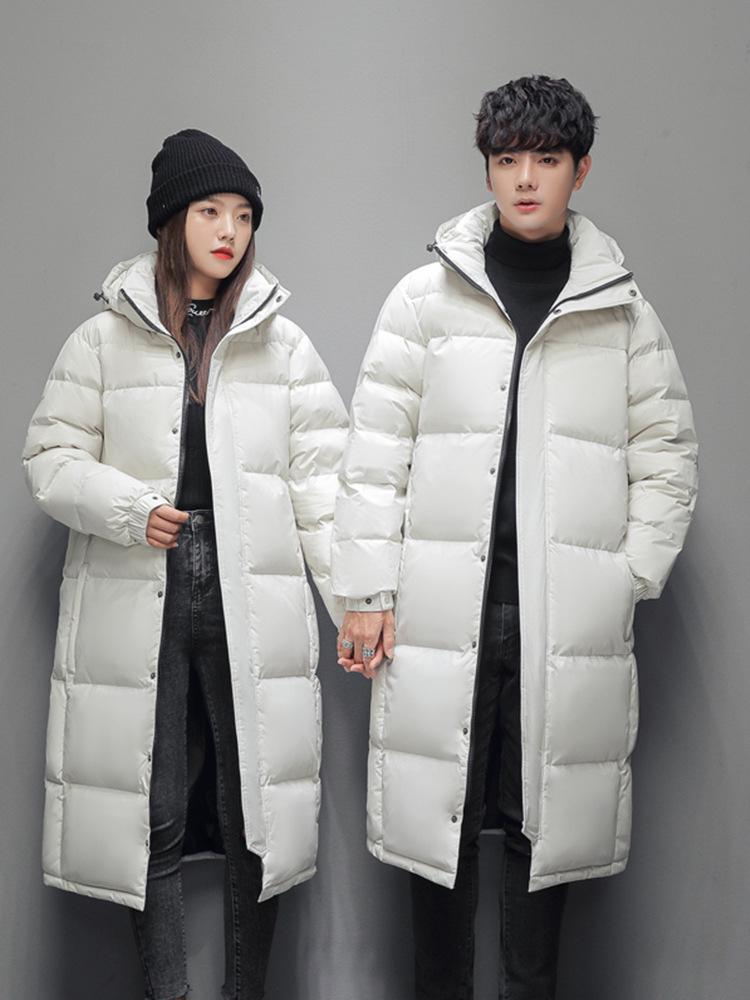 Unisex Long Down Jacket: Knee-Length, Korean Style, Thick, Warm, Hooded Winter Coat for Couples