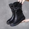 Women Boots Autumn Winter Plush Warm Mid Calf Boots Round Toe Zipper Pleated Thick Bottom Leather Cotton Boots