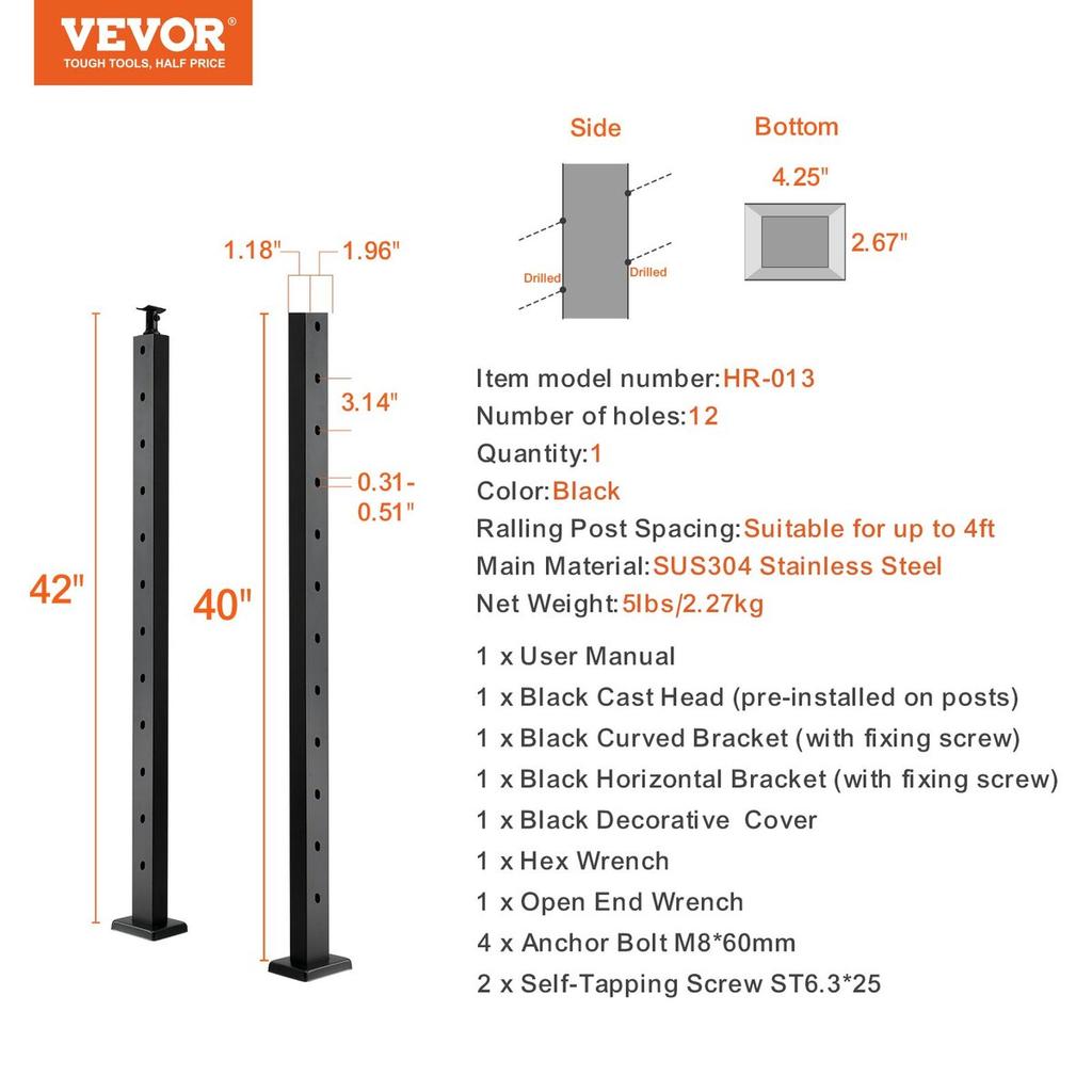 Cable Railing Post 42x1x2in 30° Angled Hole Stair Railing Post Black 1Pc