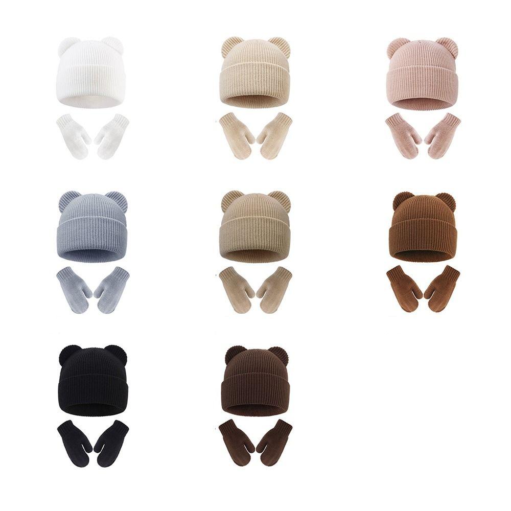 Knitted Bear Ear Earflap Hat Warm Knitted Hat Glove Set Children's Winter Hat for Boys Girls Kids