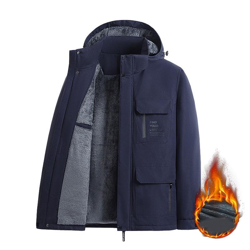 מעיל גברים לסתיו ולחורף במידות גדולות מרופד מעובה מרופד מעיל רופף יומיומי חם עם קפוצ'ון עמיד למים חסין רוח ביגוד עליון חיצוני