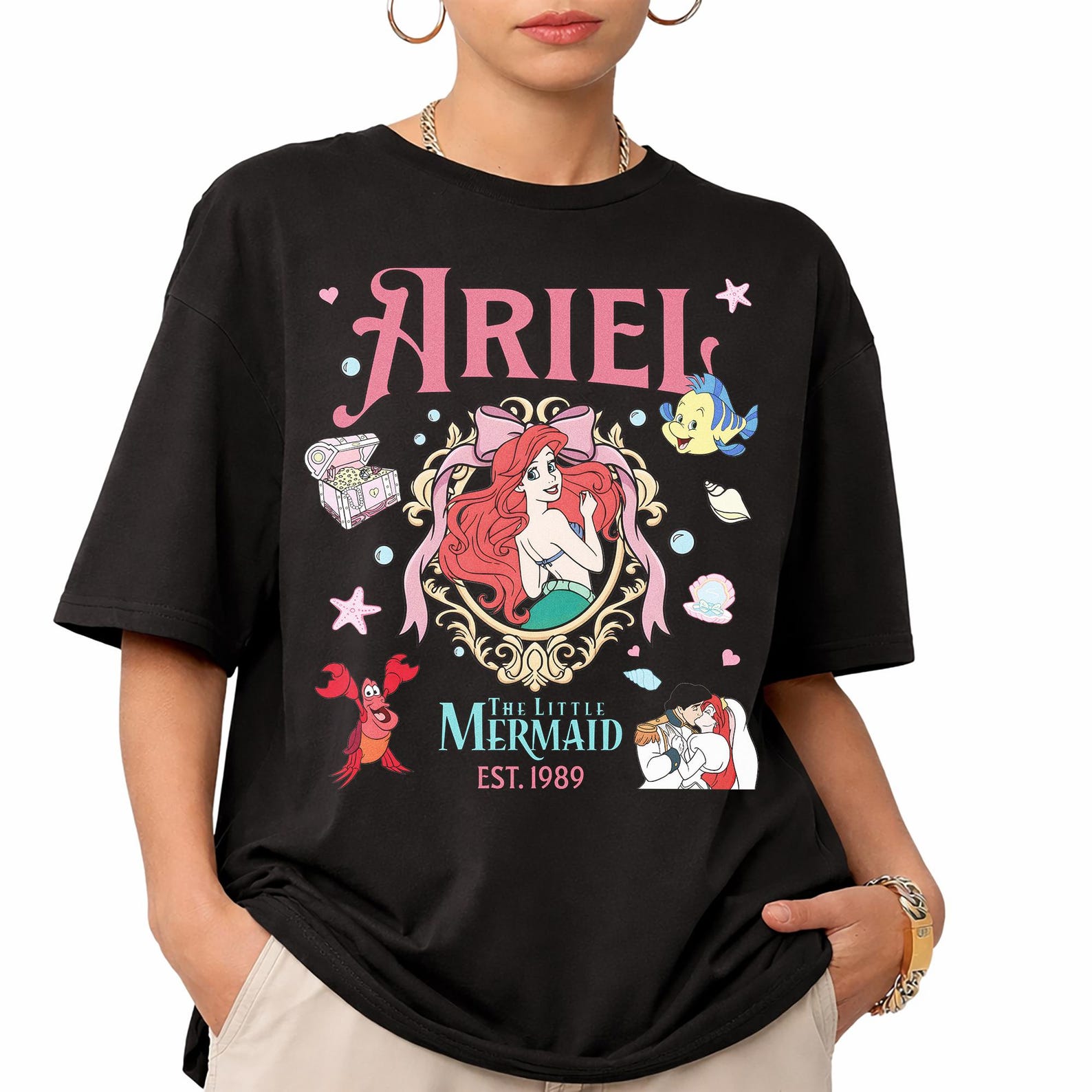 Ariel Little Mermaid Retro Disneyland Birthday Shirt, Flounder Prince Eric Tee L