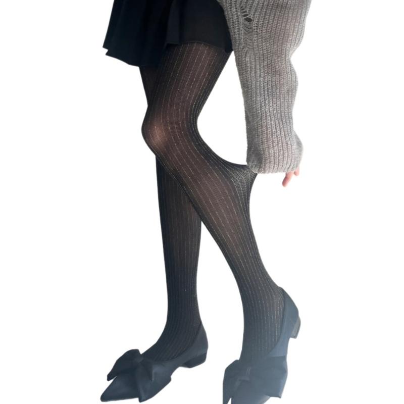 Women Thin Colored Stockings Shimmering Striped Sexy Semi Sheer Pantyhose Tights