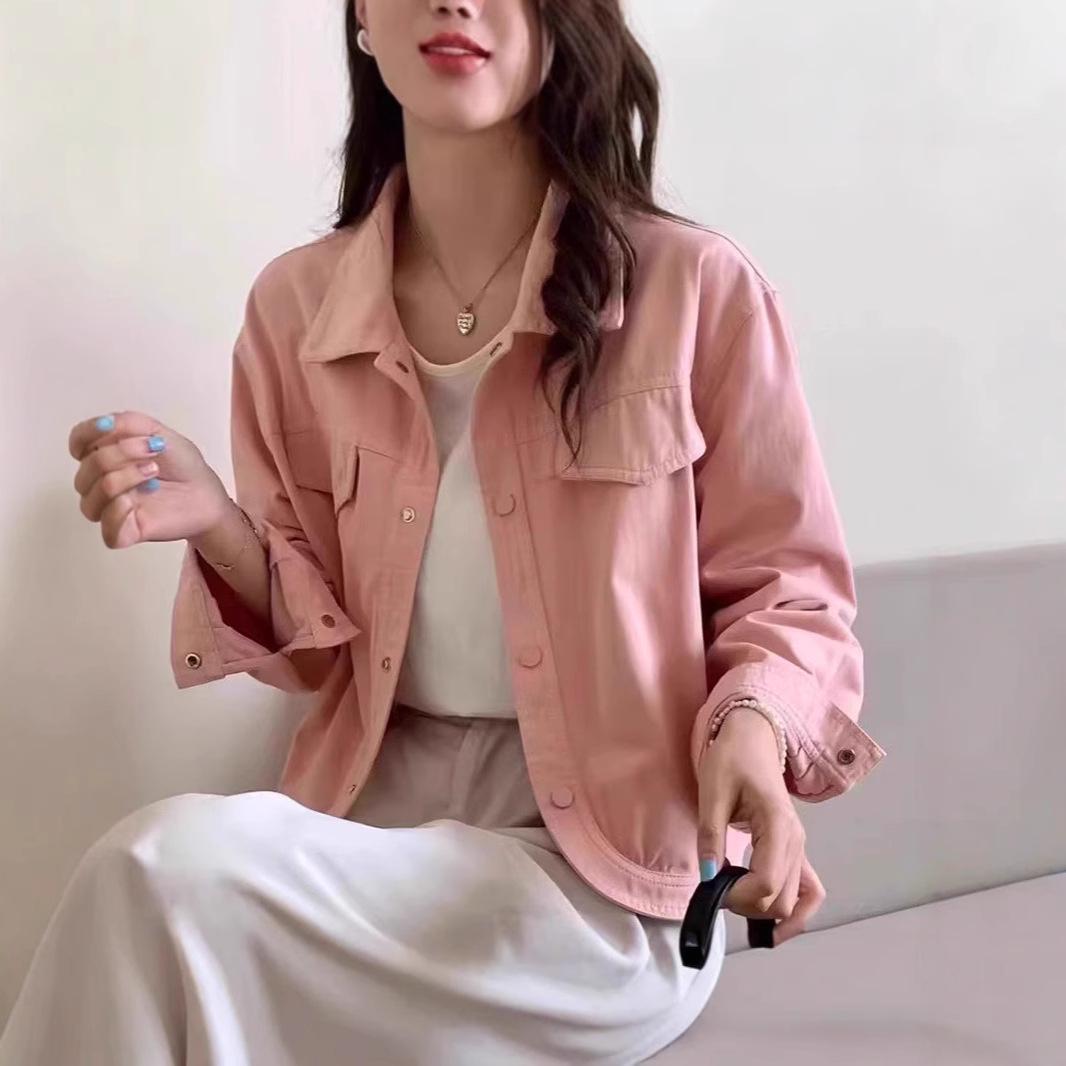 

Women s Plus Size Black Long Sleeve Shirt Jacket - American Workwear Style, Slimming, Loose Fit, Short Top for Spring and Autumn Large рожевий