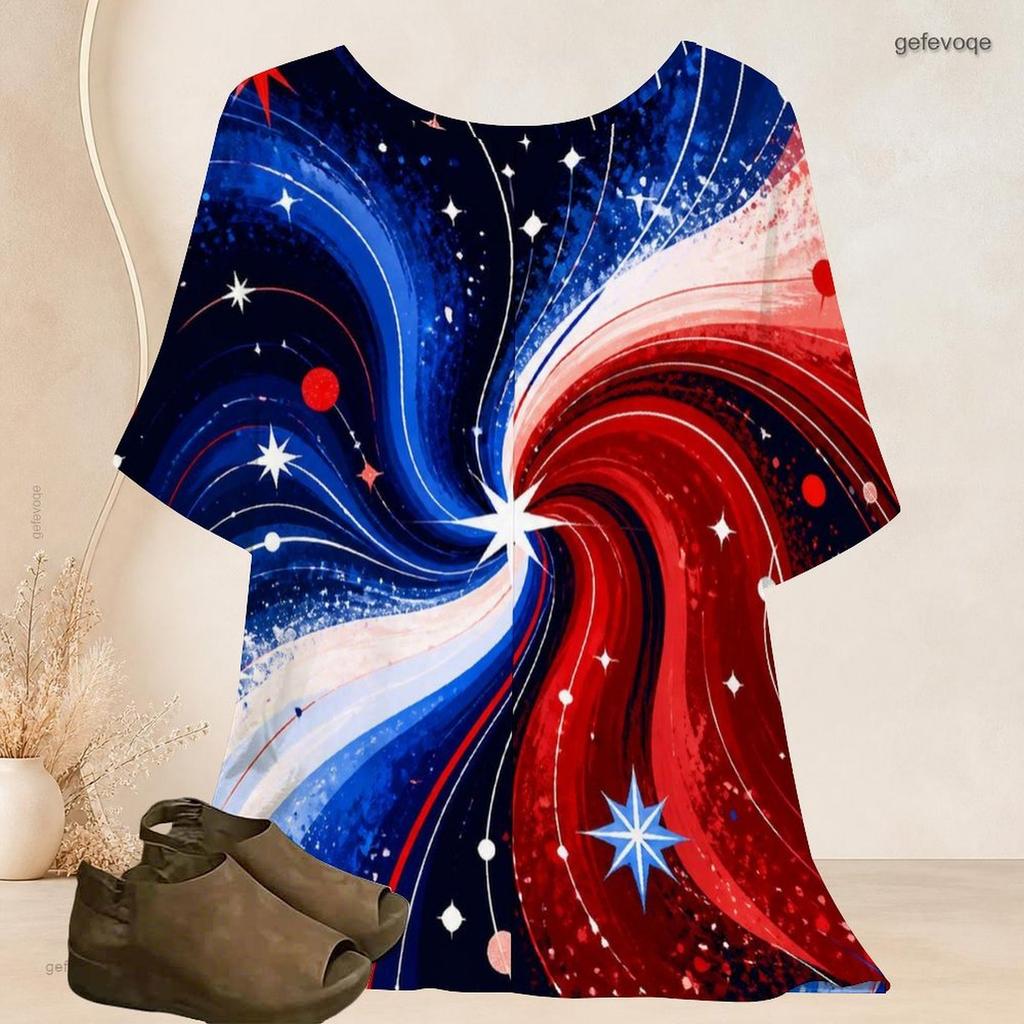 Women Plus Size Round Neck Batwing Short Sleeve Top Star Planet Cosmic Wave Print Loose Casual Tunic Blouse