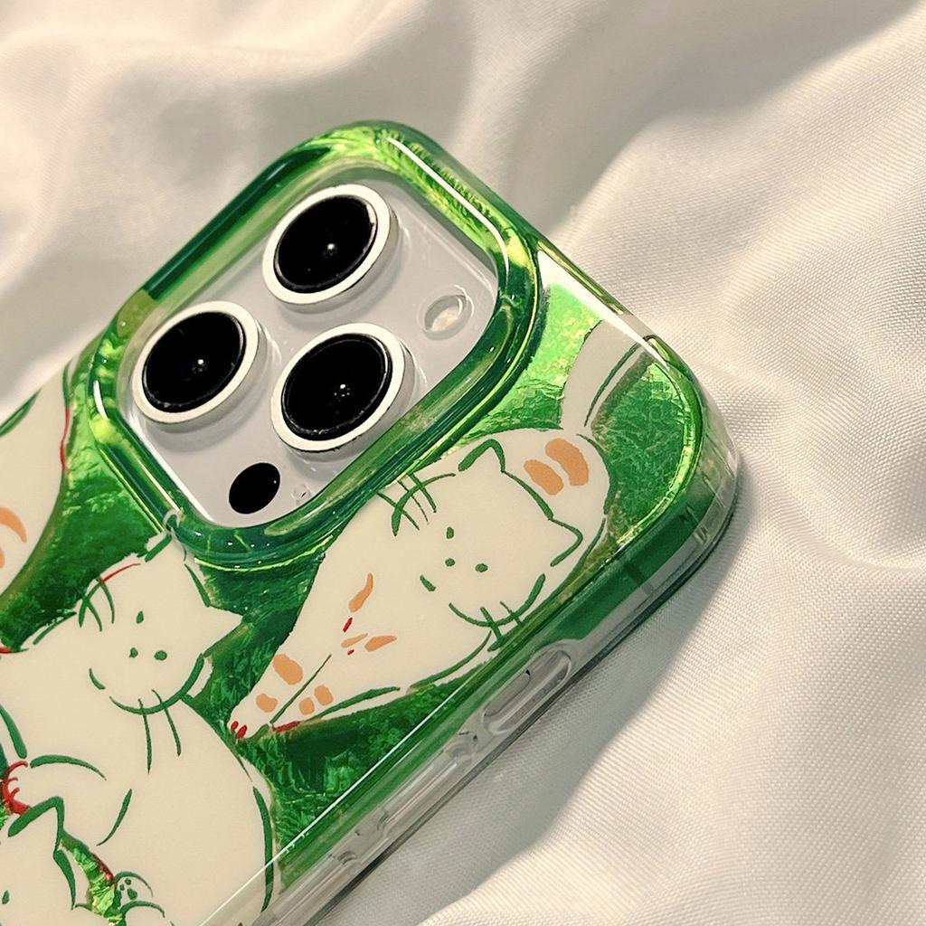 Green Tabby Cat Doodle Shiny Phone Case for iPhone 17 16 15 14 13 12 11 16E Series Pro Max Plus Double Layer Protection