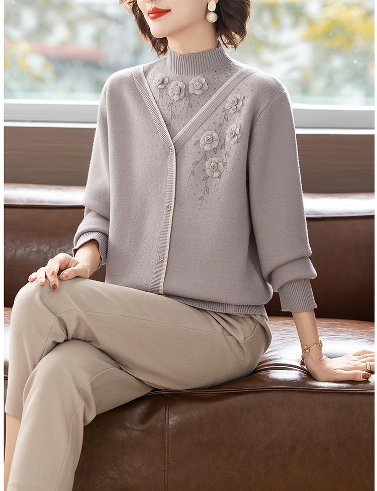 Mom's Winter Plus Velvet Layered Half-High Collar Sweater for Middle-Aged and Elderly Women - Warm Knitwear Base Layer