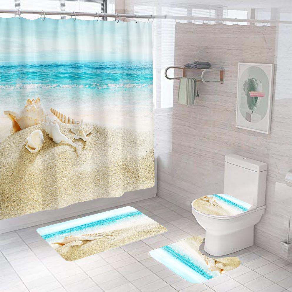 Bathroom Shower Curtain Four-piece Digital Printing Beach Shell Waterproof Shower Curtain Shower Curtain Partition Curtain Bath Mat