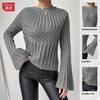 Women S Knit Sweater Pullover Round Neck Flare Sleeve Solid Color Casual Top