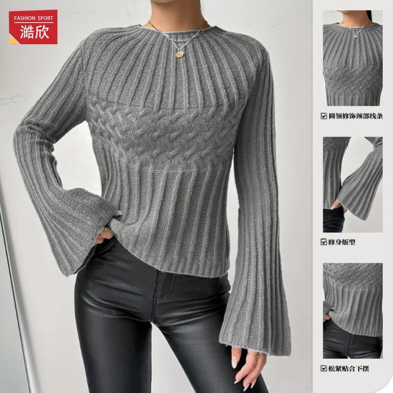 Women S Knit Sweater Pullover Round Neck Flare Sleeve Solid Color Casual Top