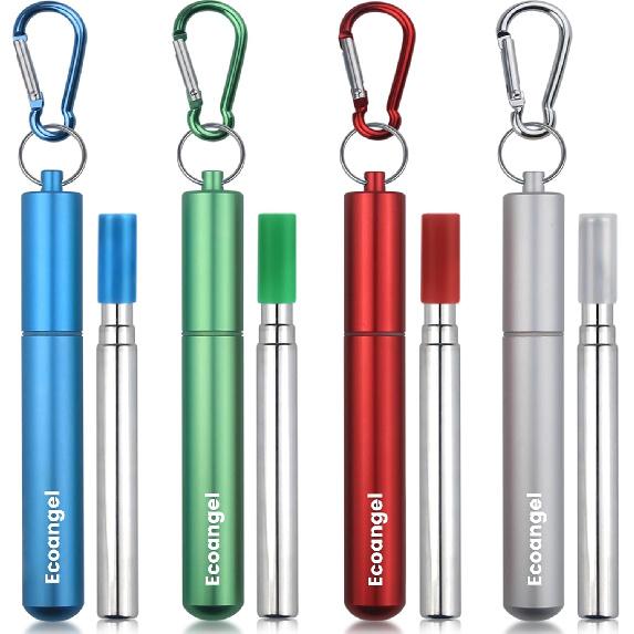 Cruise Ship Essentials,4-Pack reble Collapsible Stainless Steel Drinking Straws with Aluminum Case,Cleaning Brush,and Keycha-Silver,Blue,Red,Green