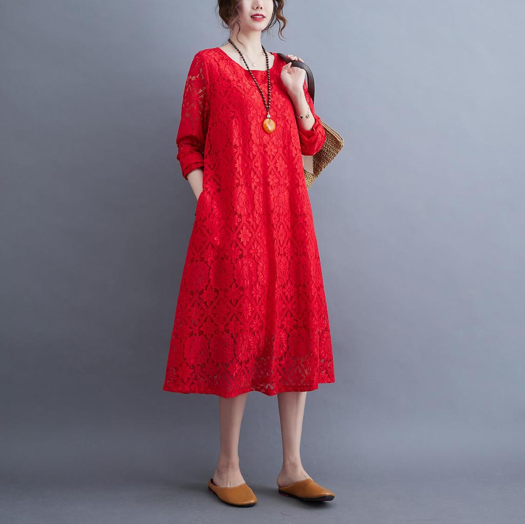 Hanmall Red Lace Long Plus Loose Perfect for and Round Flared Fashion Dress, Sleeve, Women's, Size, Figure-Flattering, Casual, Fit, Spring, Summer,