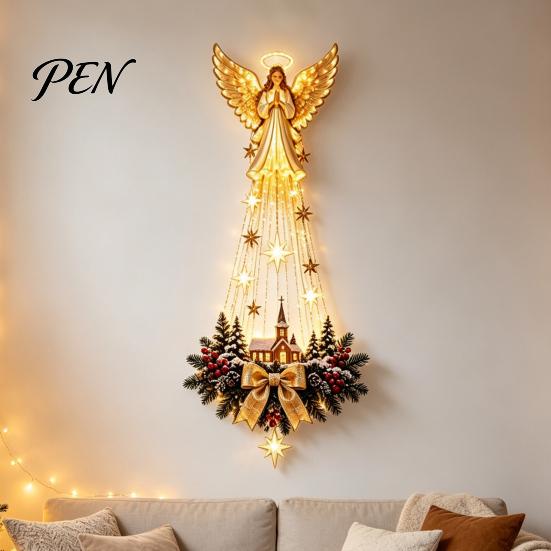 Christmas Wall Decor for Home Lighted Nativity Decor, 3D Gold Bethlehem Scene LED Hanging Light with Decorative Pine Branch Art Warm Glow, Religious