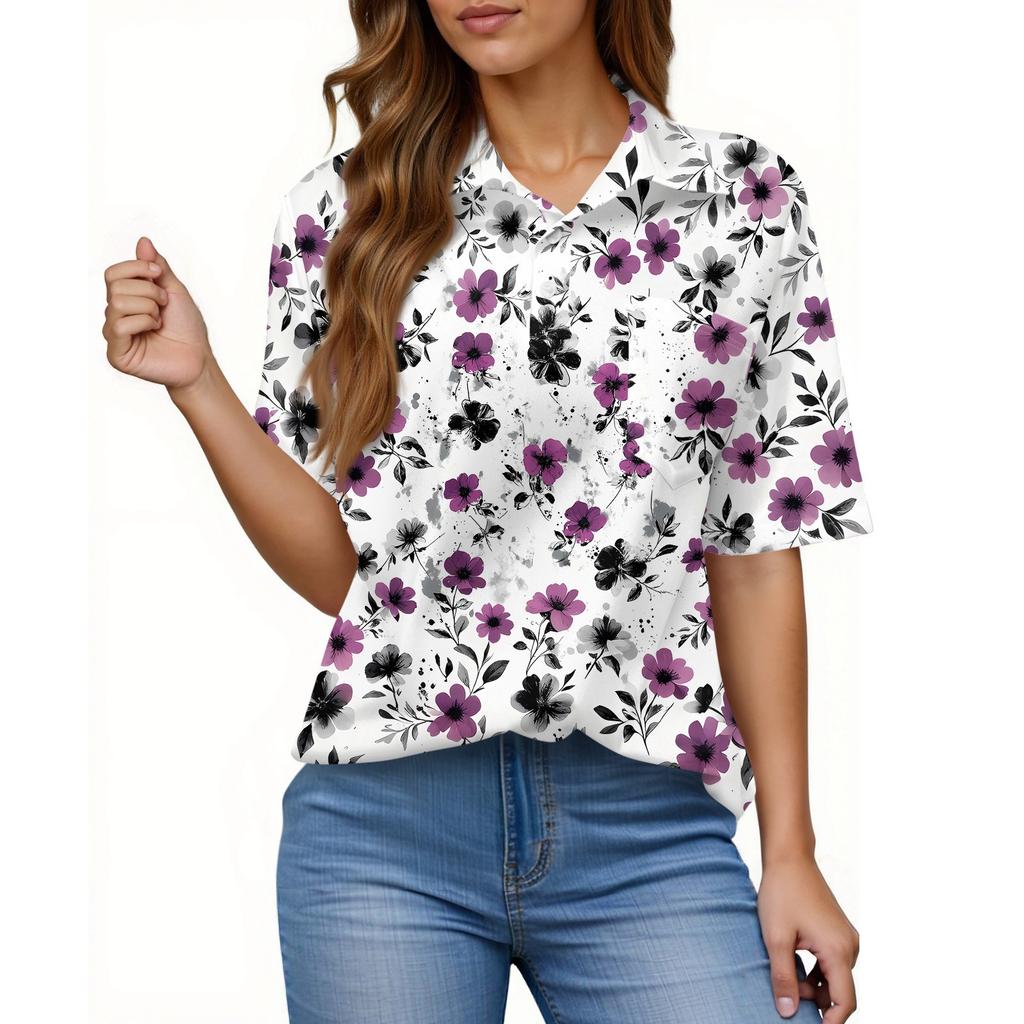 Damenmode Lässig Knopf Tasche Hemd Kurze Ärmel Druck Revers Oberteil