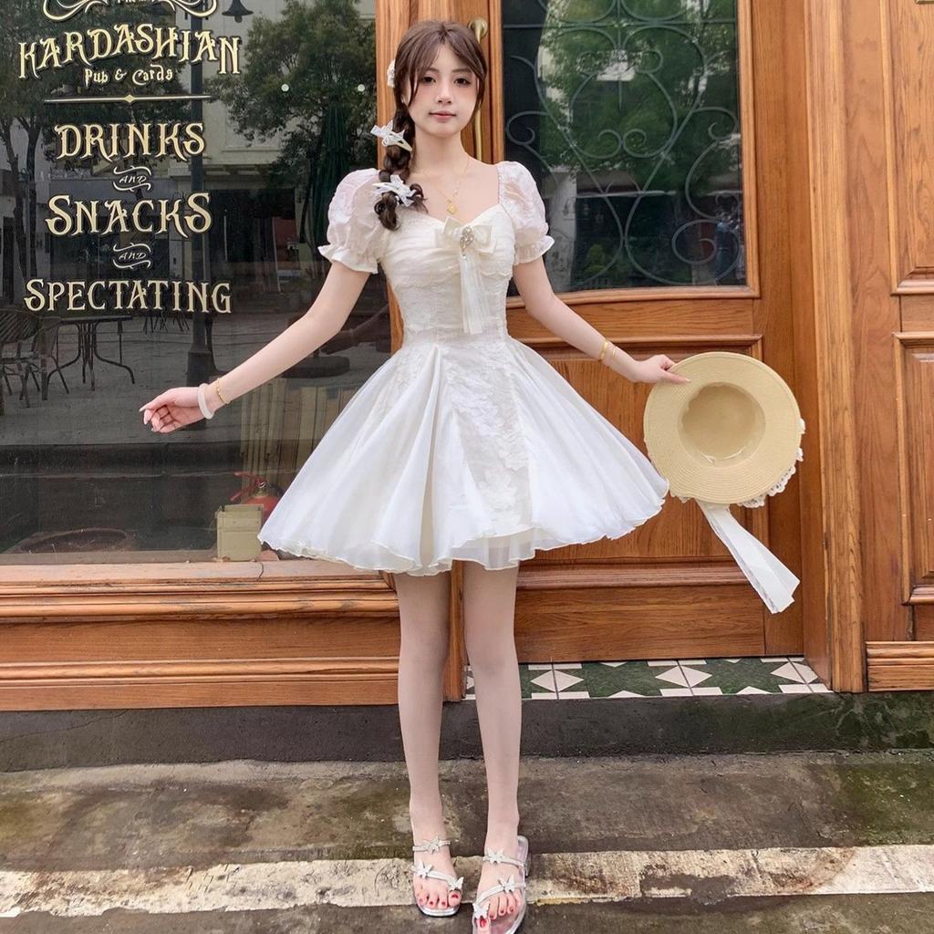 Summer vacation style short skirt pure desire white moonlight temperament cut flower fluffy mesh splicing dress princess dress
